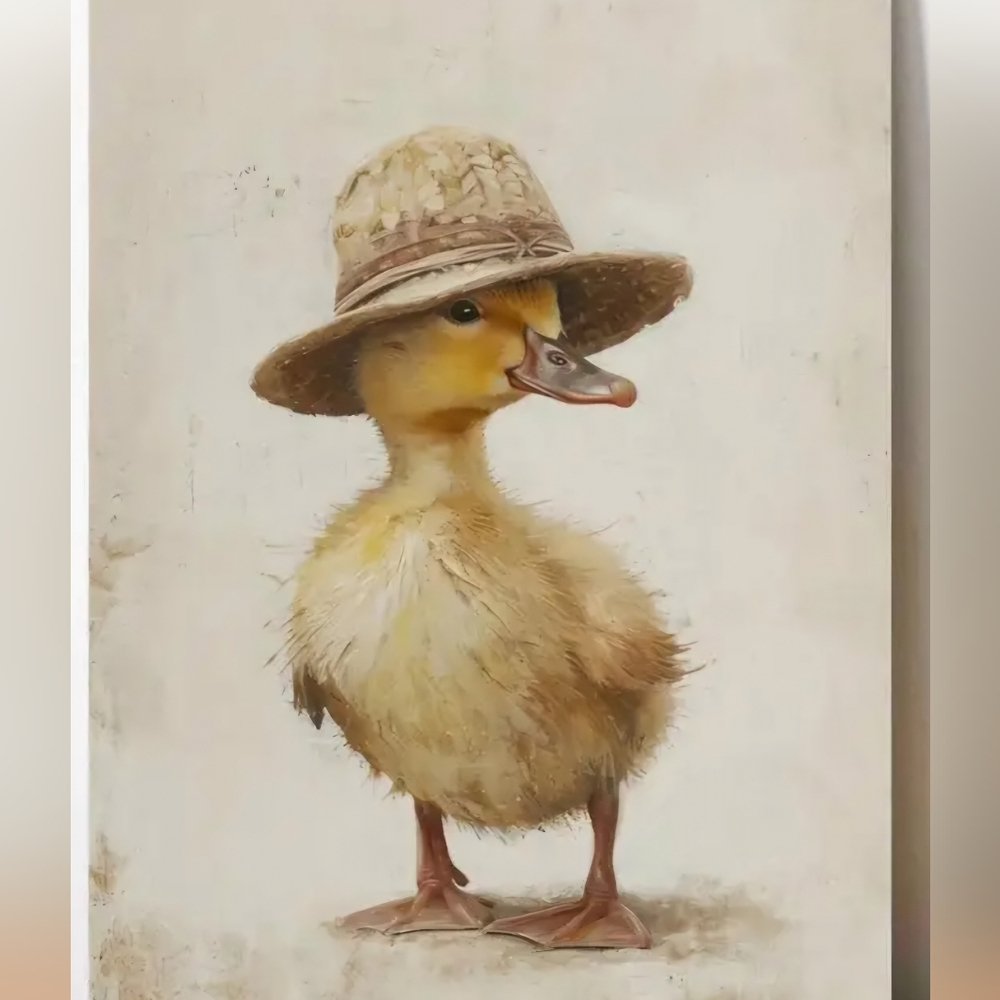 Yellow Duckling Canvas Art Print with Straw Hat